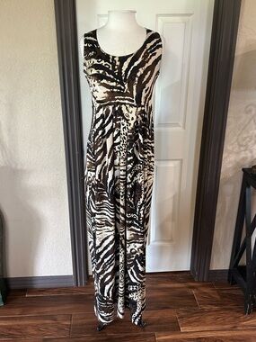Nina Leonard Brown and white zebra print maxi dress with leopard print accents
